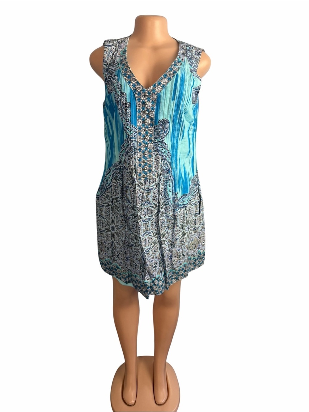 3/$30 ☀️ Rabbit Rabbit Rabbit Blue Geometric Sleeveless Dress - Picture 2 of 9